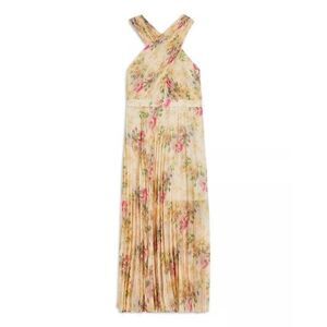 Ted Baker London Cross Front Pleated Midi Dress Floral Tan Size 1 (US 4) NWT NEW